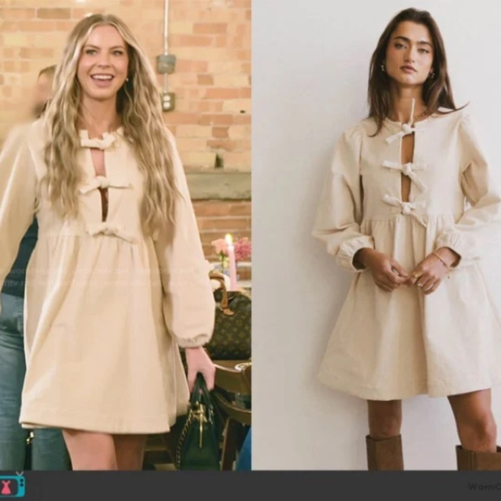 Aaron & Amber Elegant Beige Long Sleeve Corduroy Dress with Bow Accents